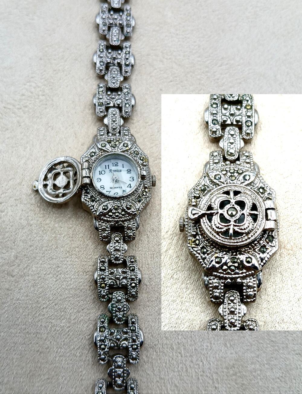 Vintage Ronica Quartz Marcasite w/Face Cover Wrist Watch